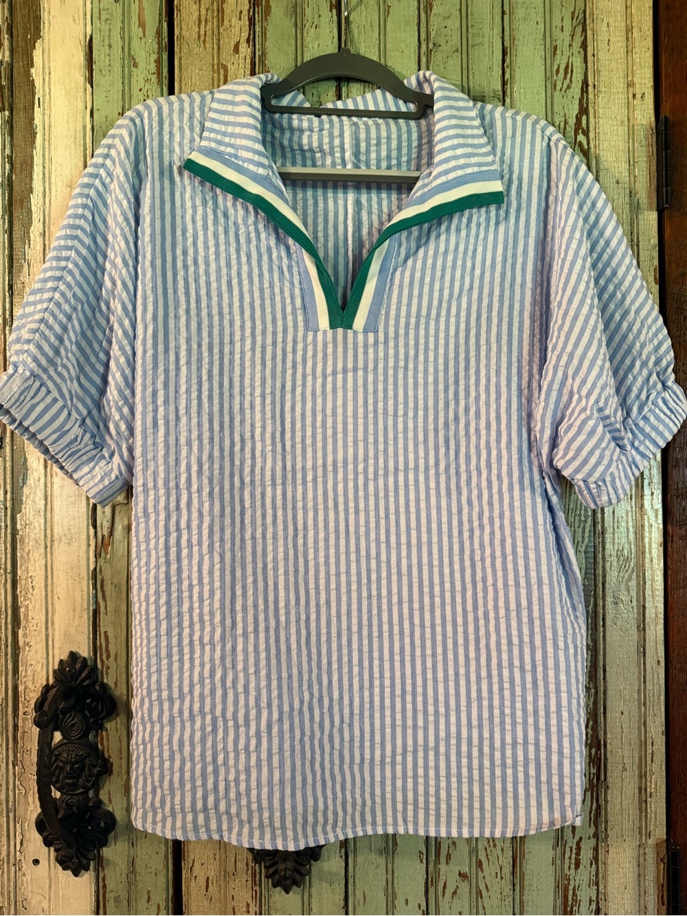 Light Blue Striped Womens Pullover Shirt with Green-Trim Collar